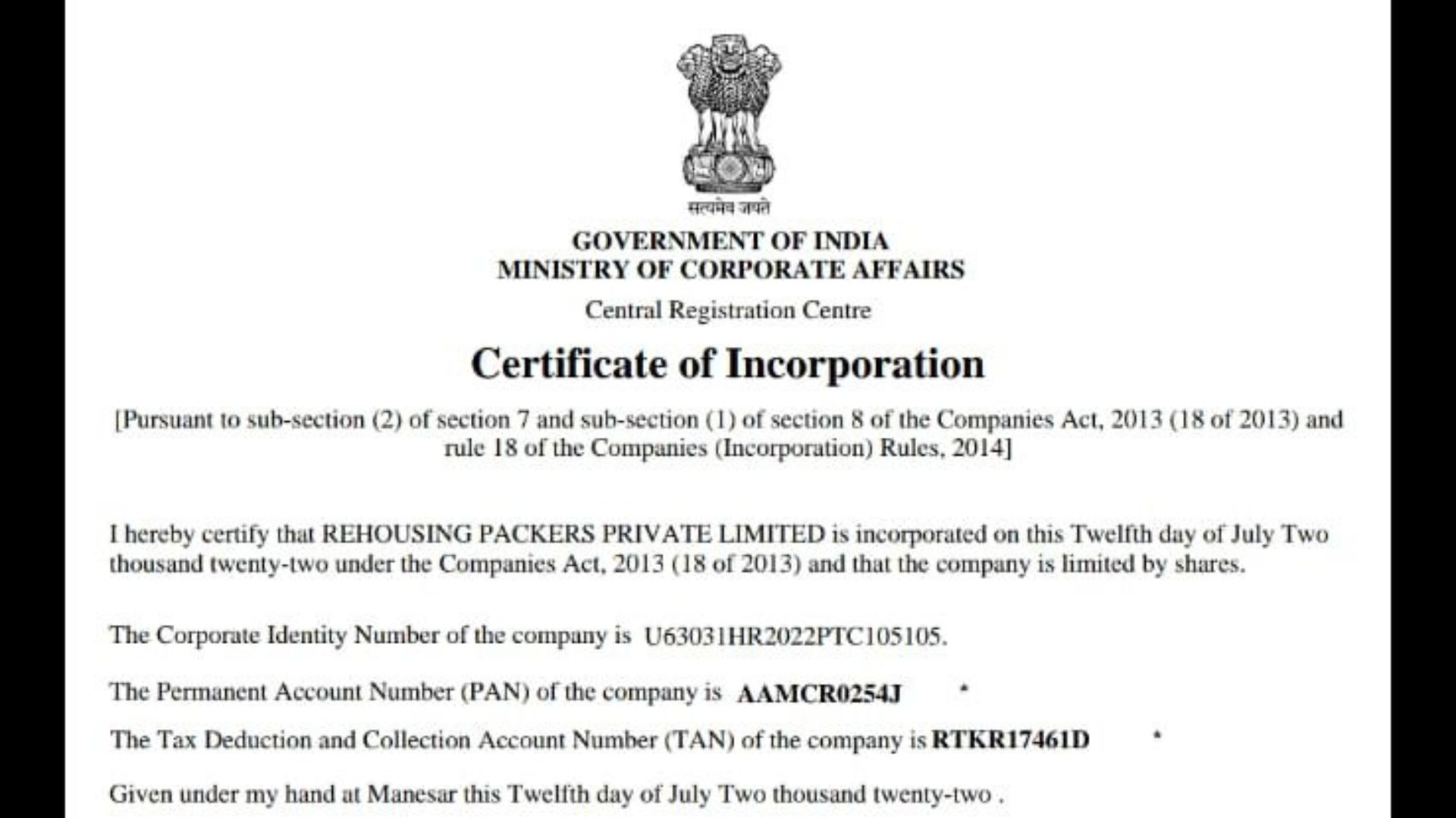 Rehousing packers and movers certificate of incorporation