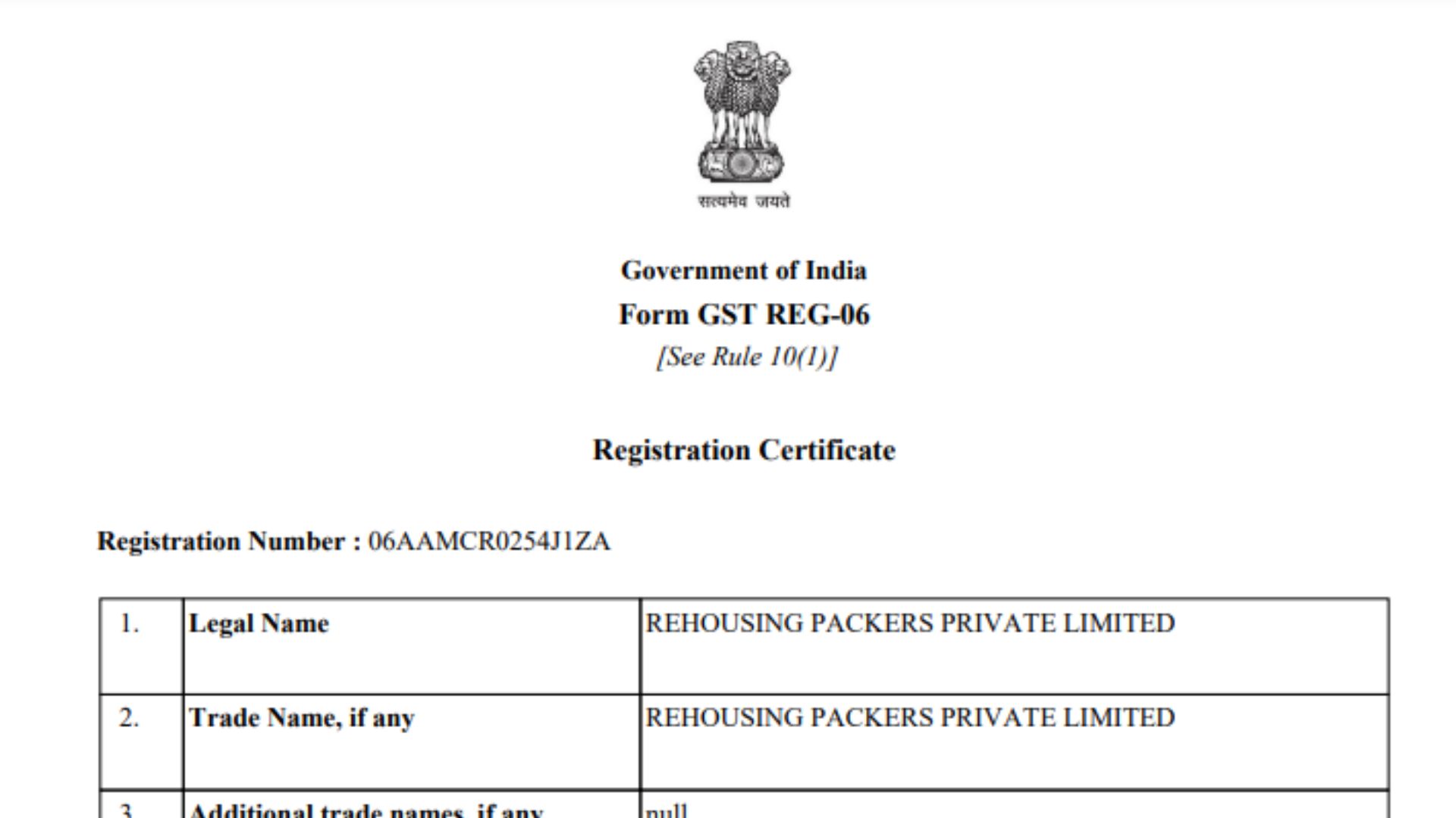 Rehousing packers and movers gst certificate